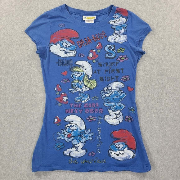 Vintage Y2K Smurfs Graphic Shirt Womans Large Blue Slim Fit Tee Jenny Leigh - Picture 1 of 14